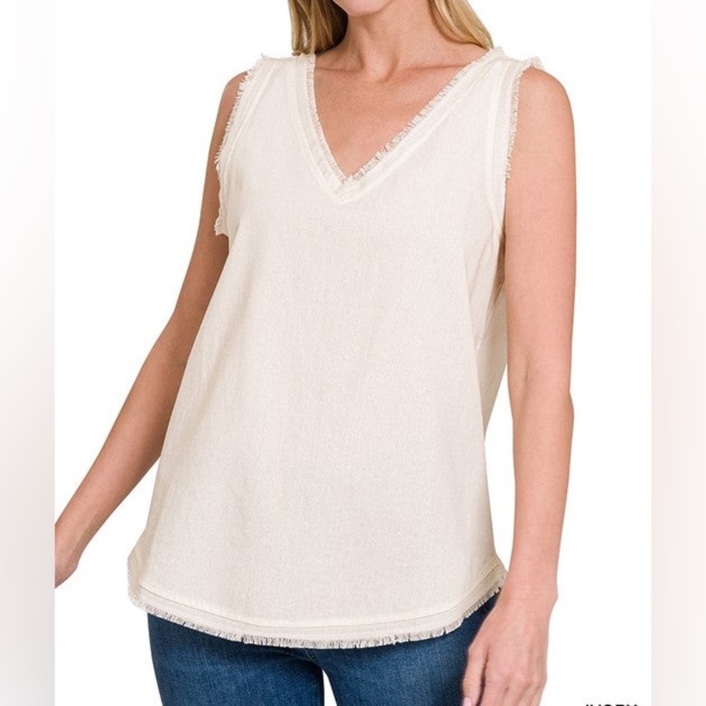 NWOT Zenana Linen Frayed Hem Raw Edge V-neck Sleeveless Top Tank